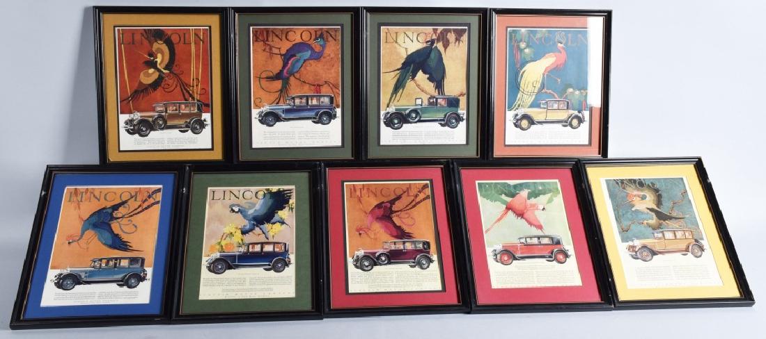 9-1920'S LINCOLN AUTOMOBILE ADVERTISEMENTS: Beautiful color advertisements in 12" by 15" frames. Excellent
