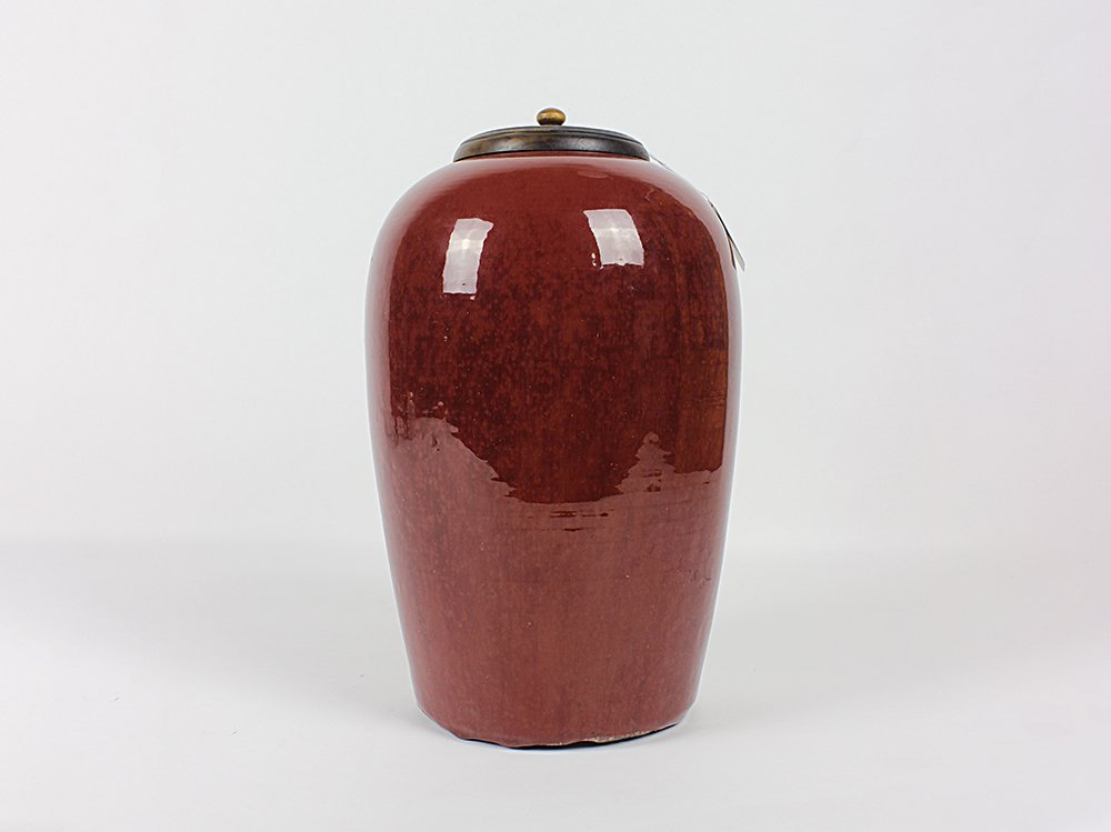 An ox blood color porcelain jar: 郎窯紅罐連蓋 Of reticulated wood lid. 7W×13Hin. (18W×33H cm.)