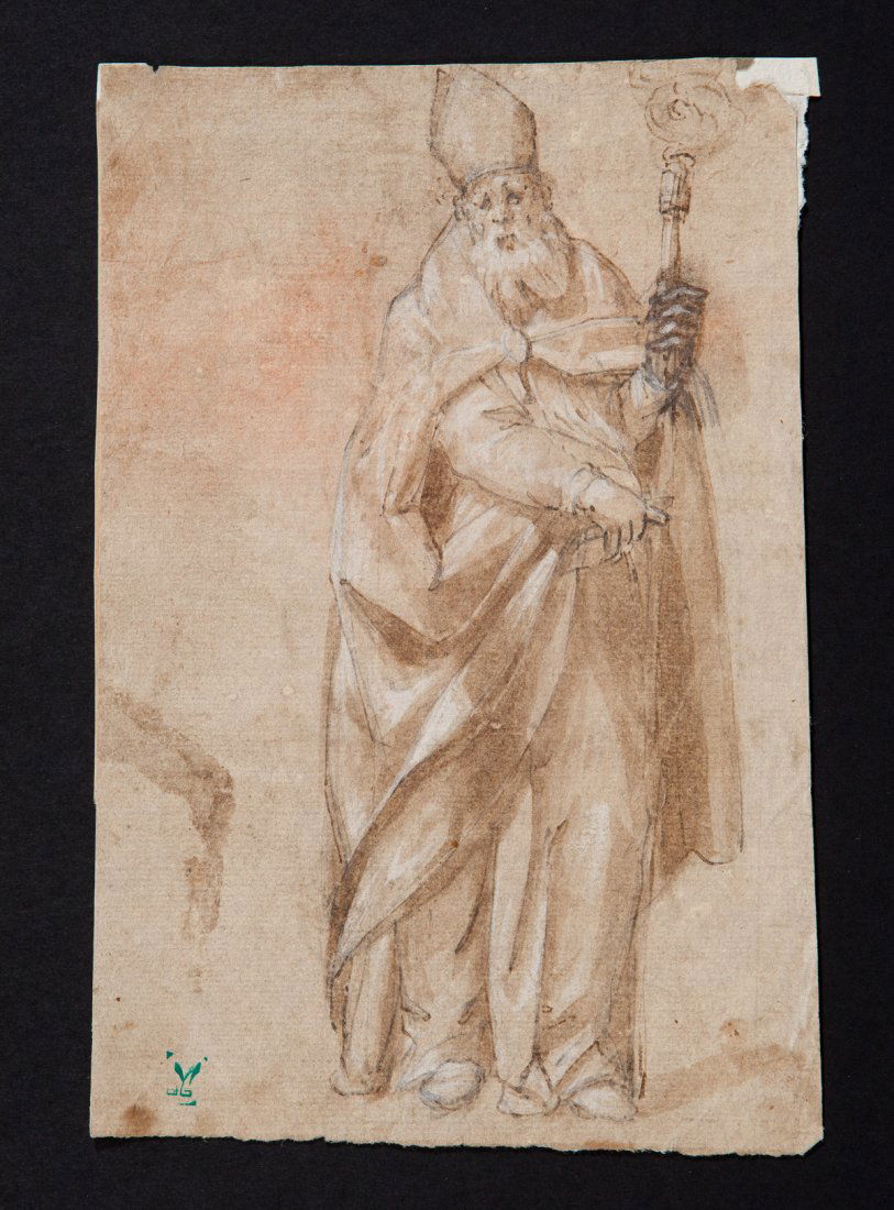 Disegni: Scuola Lombarda della seconda meta' del XVI secolo, cerchia di Antonio Campi, "Figura di Vescovo", penna acquerellata, H 213x150 mm
