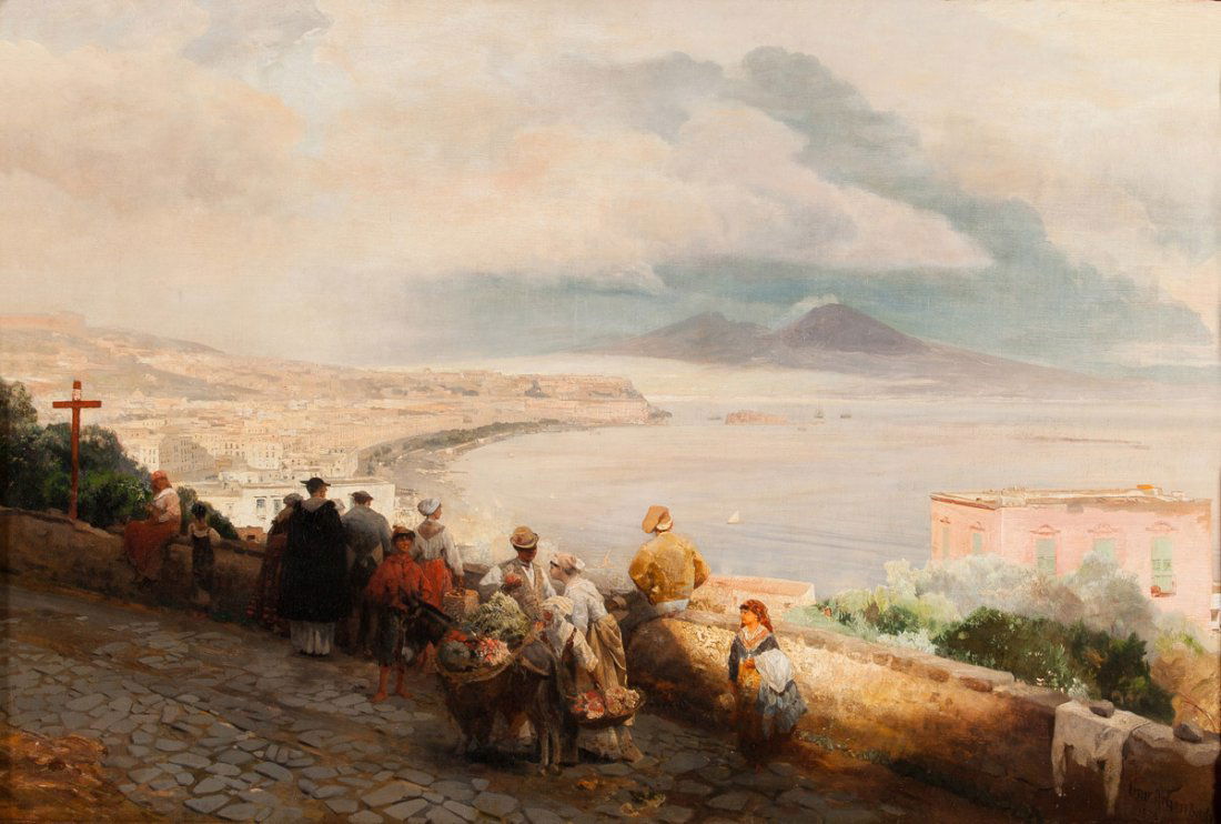 Dipinti del XIX - XX sec.: Oswald Achenbach (1827 - 1905) "Veduta del Golfo di Napoli da Posillipo con figure in primo piano", olio su tela, firmato e datato in basso a destra Osw. Achenbach 1878, H cm 66x100
