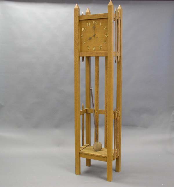 Mission Oak Grandfather Kit Clock: You are bidding on a Mission Oak Grandfather Kit Clock. Has some damage, needs repairs. Measures 78" H x 18" W. David Iver Auctions will be conducting this online and in house auction at 11:00 AM CST