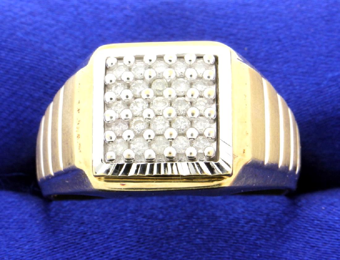 Men's Diamond Ring: This Men's Diamond ring is set with 25 brilliant cut diamonds that total a 1/2 carat. Diamond clarity is SI/I1 and H-I-J color. The diamonds are set on a 10k white gold plate which is set onto a 10k y