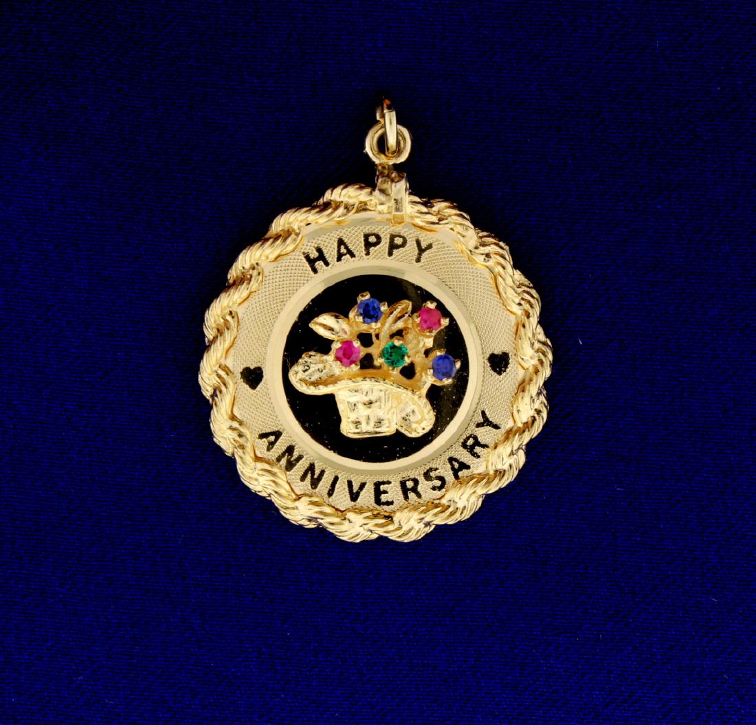 Happy Anniversary Charm or Pendant: In 14K yellow gold, you can inscribe date or name on back. Contains two 2mm rubies, two 2mm sapphires, & one 2mm emerald. It is 1 1/2 inches long with bale. 7.9g
