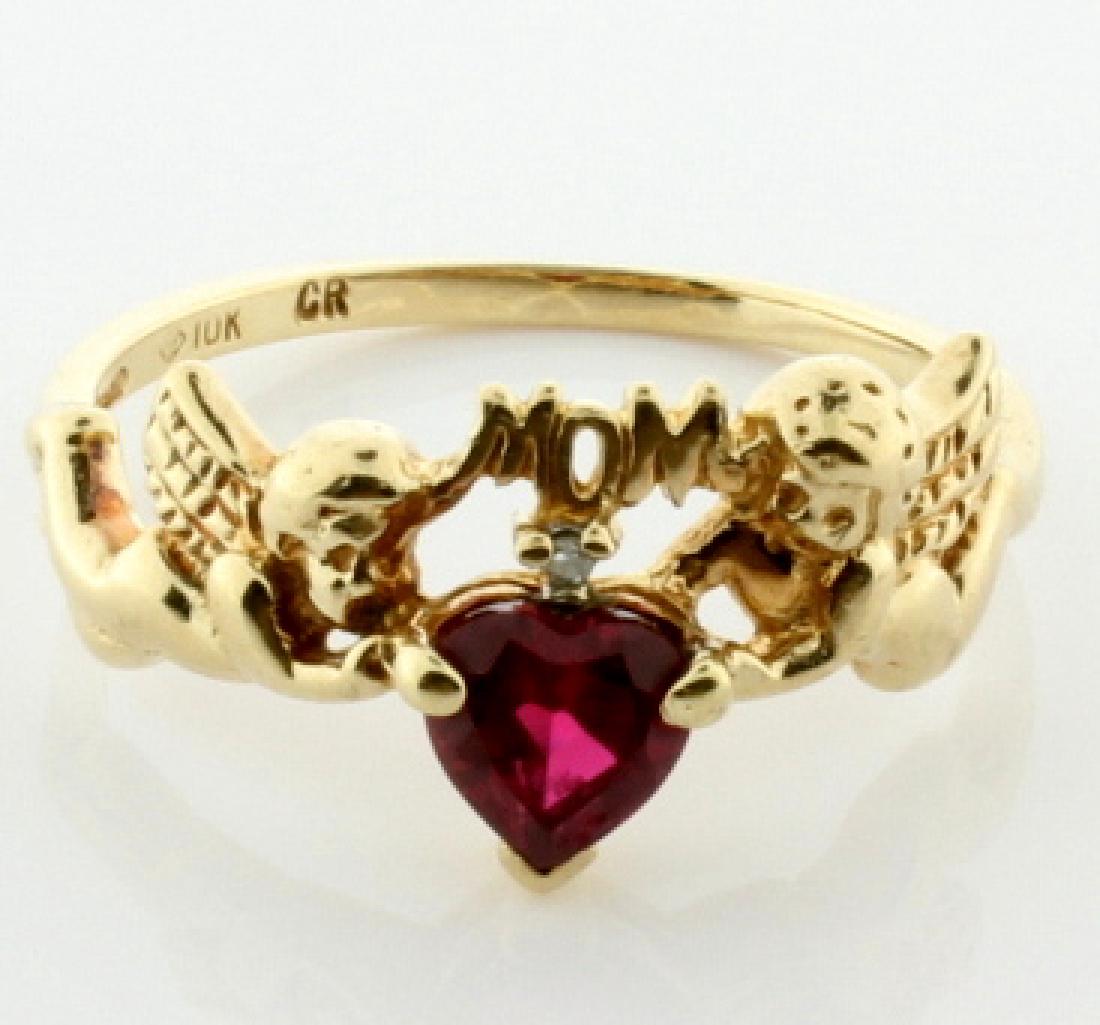 Lab Ruby & Diamond Mom Ring: 10K yellow gold, there is a 5mm heart shaped lab ruby, with beautiful color & clarity. As well as 1/2pt round diamond. Size 7 2.1g