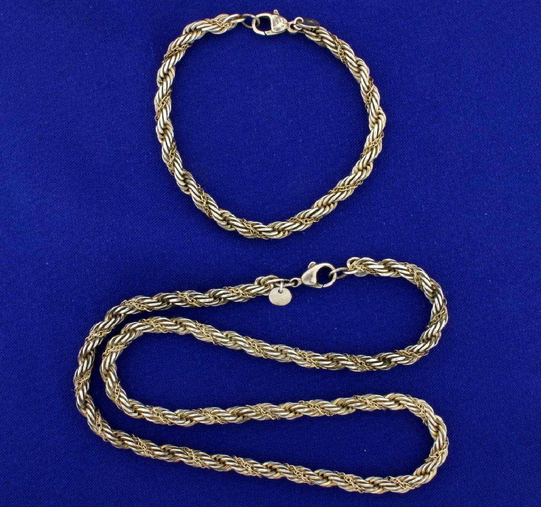 Heavy Rope Style Neck Chain and Bracelet Set: In 925 and 14k yellow gold. The necklace is 18 1/4 inches long and the bracelet is 7 1/2 inches long. Both are 5mm thick. 53.8g.
