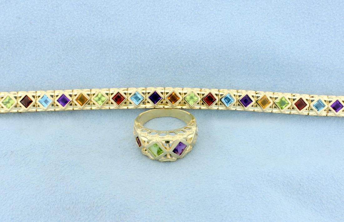 Ring and Bracelet matching set: Beautiful ring and bracelet matching set both in 14k yellow gold with Square Cut Gemstones. The gemstones are 4.5m x 4.5mm and include Amethyst, Peridot, Citrine, Garnet, and Topaz. There are 24 gems 