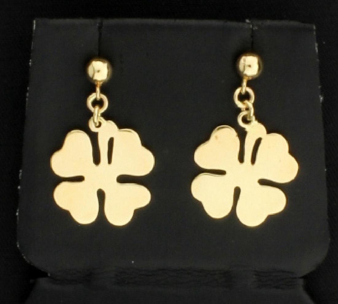 14K Four Leaf Clover Dangle Earrings: In 14K yellow gold, they are about 1 inch long. 3.3g