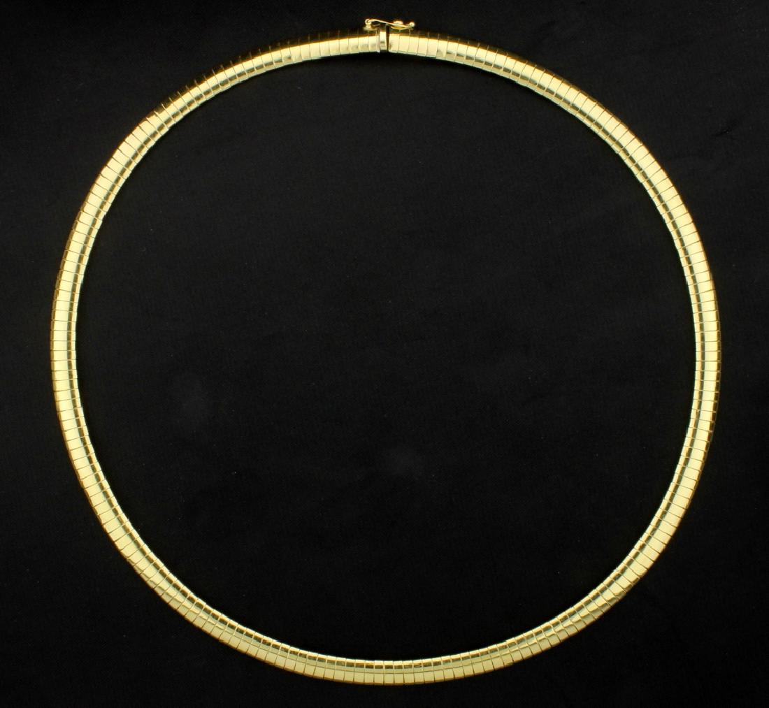 18 Inch Italian Made Omega Necklace: It is 14K yellow gold and is 18 inches long and 6mm wide. It has a safety clasp. 31.2g