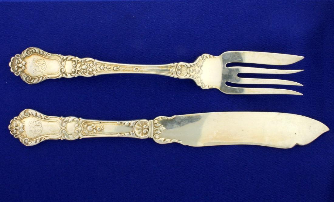 Gorham Baronial Old 24 Piece Sterling Silver Fish: 12- fish knives- 8 1/8"- solid, flat handle. 12- fish or salad forks- 7 1/8". All pieces stamped with old makers marks and "sterling" and are solid sterling silver. All pieces have monogram as shown.