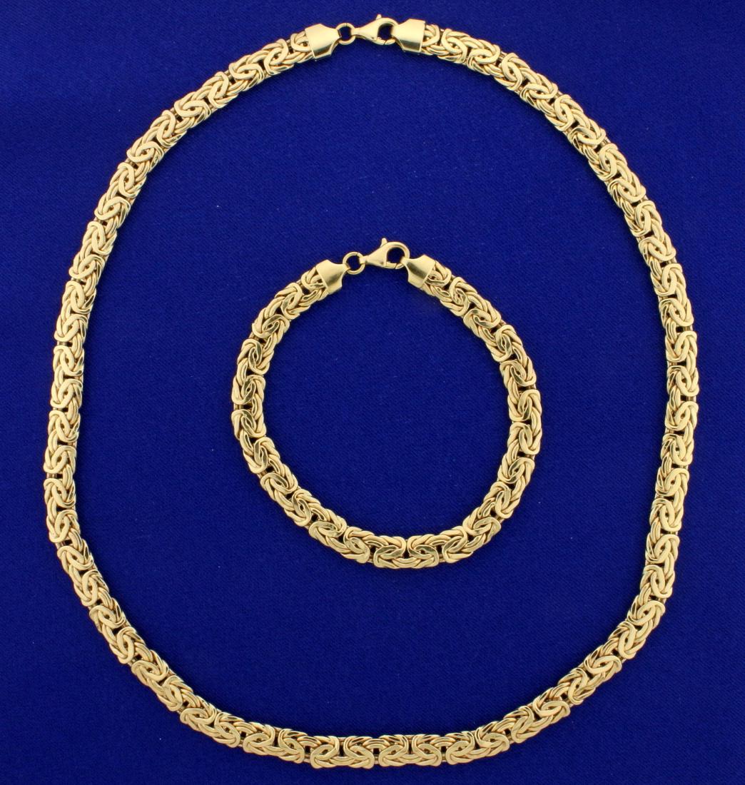 Byzantine Link Necklace and Bracelet Set in 14k Gold: In 14k yellow gold. 18 1/2" necklace and 7 1/2" bracelet. Both 7mm wide and with lobster clasp. 27.3g.