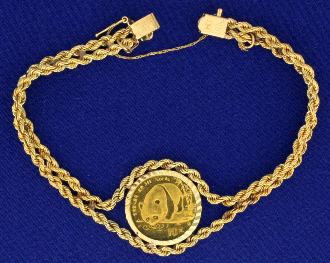 1/10 Ounce Gold Chinese Panda Coin in Bracelet: In 14k yellow gold, containing 1/10 ounce Chinese Panda Coin that is 99.9% pure gold and was minted in 1987. 7 inches long with safety clip. 14.6g.