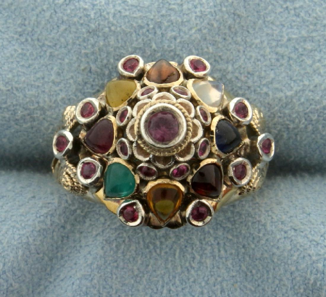 Antique 18k Multi-Gemstone Ring: In 18k yellow gold, containing numerous round and tear drop shaped precious gemstones including emerald, ruby, sapphire, pink topaz, and citrine. Size 6 1/2. 6.5g.