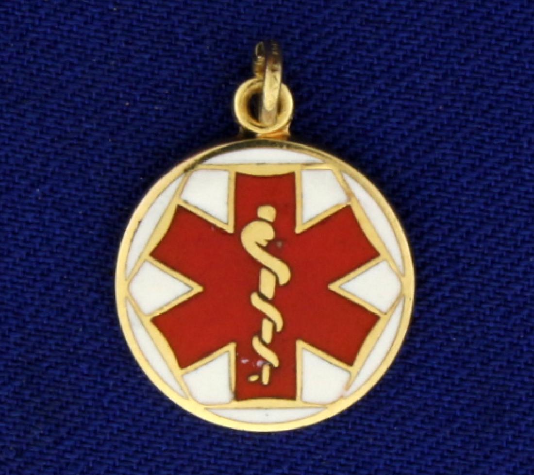 Star of Life Medical Pendant in 14k Gold: In 14k yellow gold. 3/4" long and 1/2" wide with bale. Back is blank for possible inscription. 2.0g.