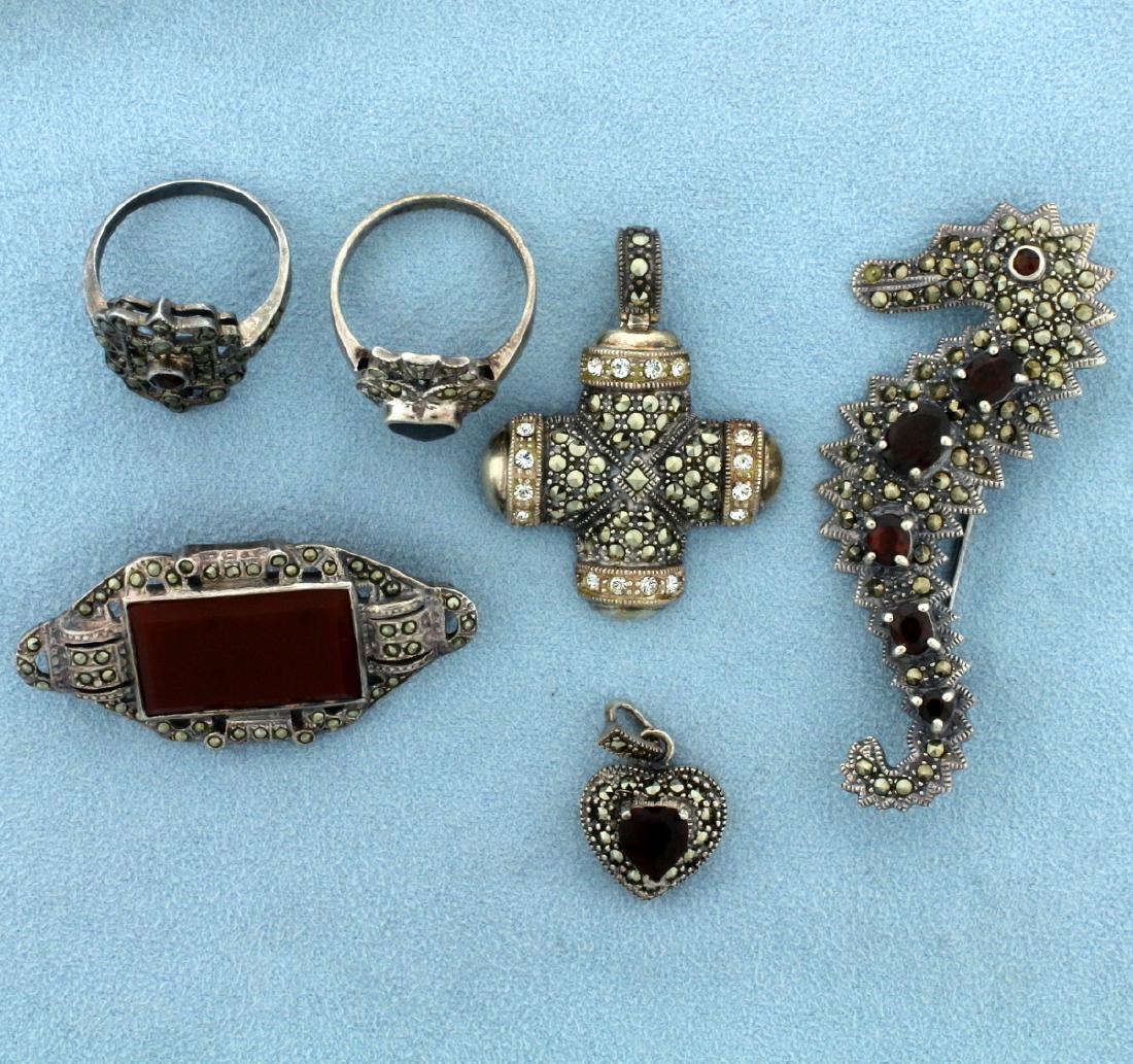 Vintage 6 Piece Sterling Silver Marcasite Jewelry Set: In sterling silver. Contains six vintage, hand crafted pieces of high quality. This style of jewelry uses metal to simulate gemstones in a unique, vintage look. Contains one onyx gemstone ring (size 9
