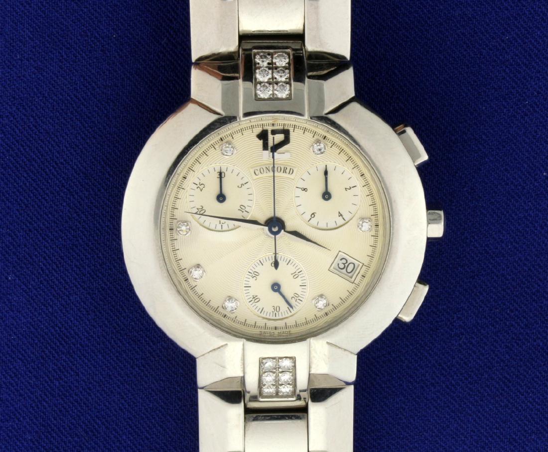 Men's Concord La Scala Diamond Chronograph Watch: In stainless steel, watch is model 14.C5.1891.S and is in excellent working condition with new battery. All chronograph functions work properly. No scratching on crystal and very minimal signs of wear