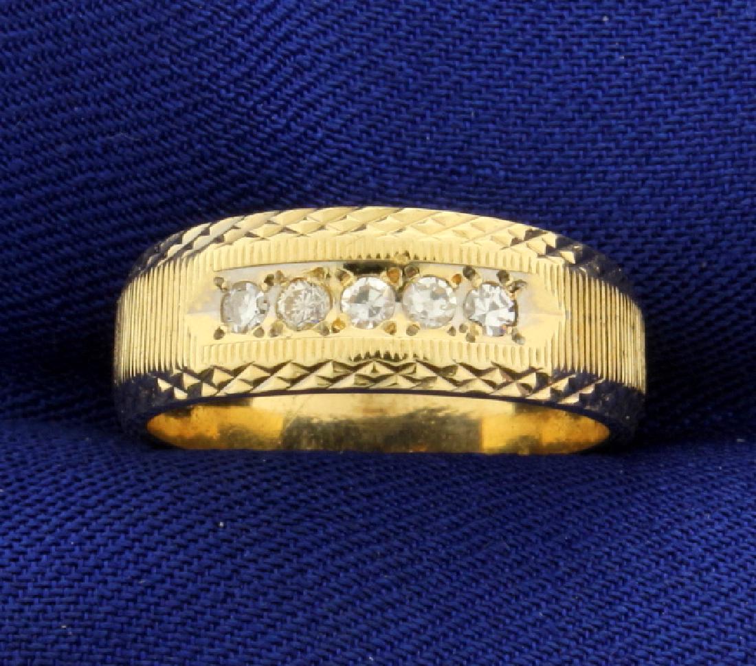 Diamond Wedding Band Ring With Unique Design: In 14k yellow gold. Contains five high quality .03ct diamonds, SI clarity/H color. Size 6. 4.7g