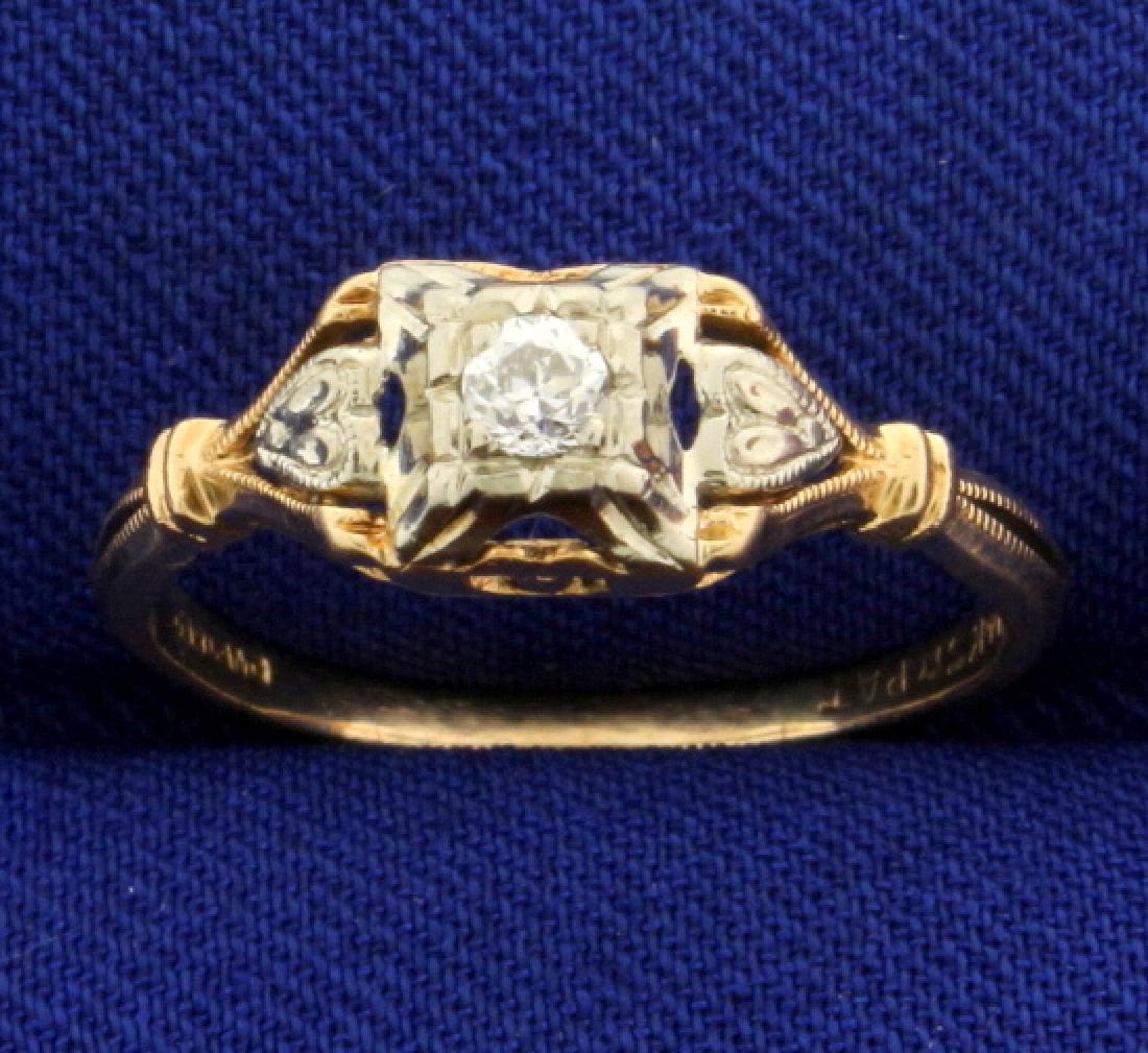 Antique Diamond Ring in 14k Gold: In 14k yellow and white gold. Containing a high quality .05ct European Cut diamond, VS clarity/G color. Size 6 1/4. 1.8g.