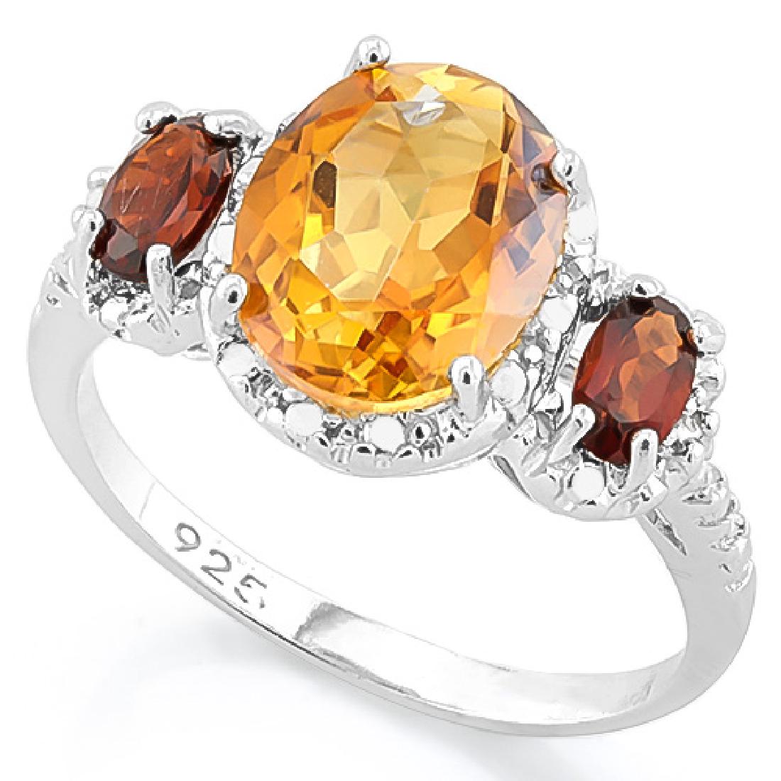 Deep Citrine and Garnet Ring in Sterling Silver: Beautiful deep yellow/orange 2.6CT oval cut Citrine gemstone ring with 1.3CTW oval cut Garnet gemstone accents set in Platinum over Sterling Silver. Ring is styled to mimic micro-pave halo and on shan