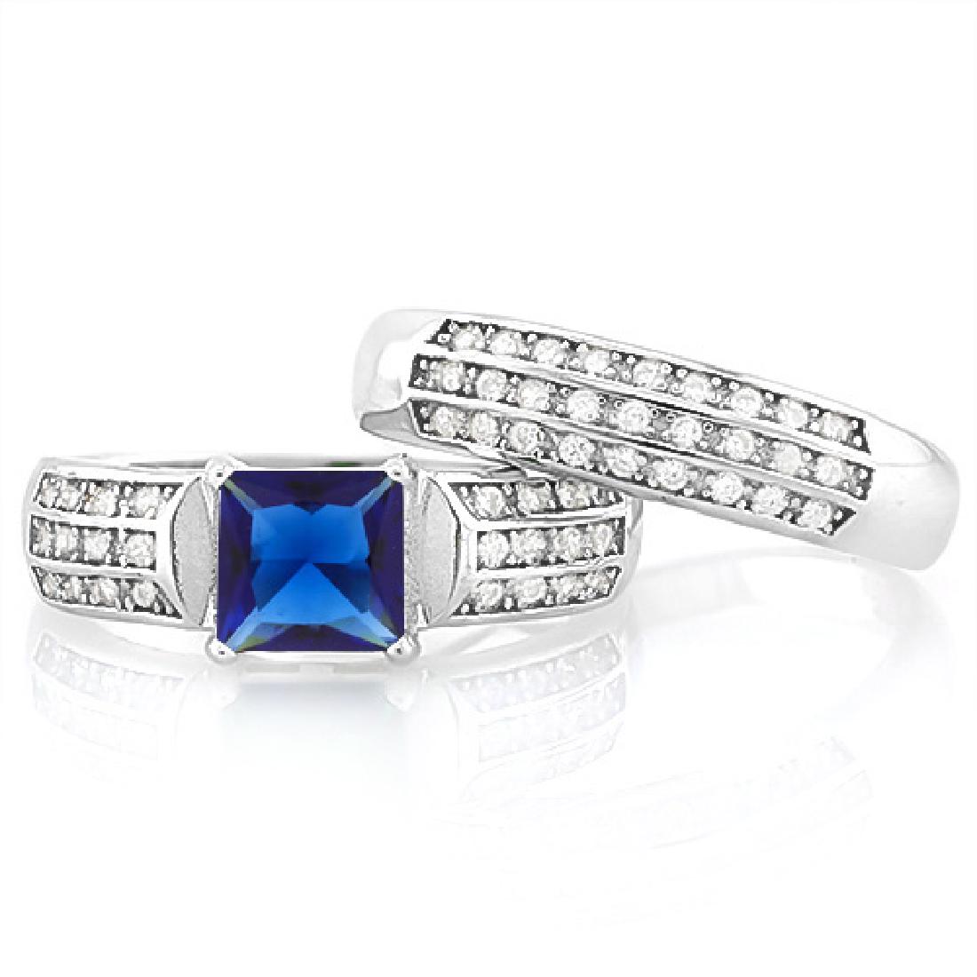 Large Lab Blue and White Sapphire 2 Ring SET in: Versatile set of 2 rings - can be an engagement ring & wedding band, worn separately, or even stacked with other rings! 1CT princess cut lab created Blue Sapphire gemstone with excellent color and cla