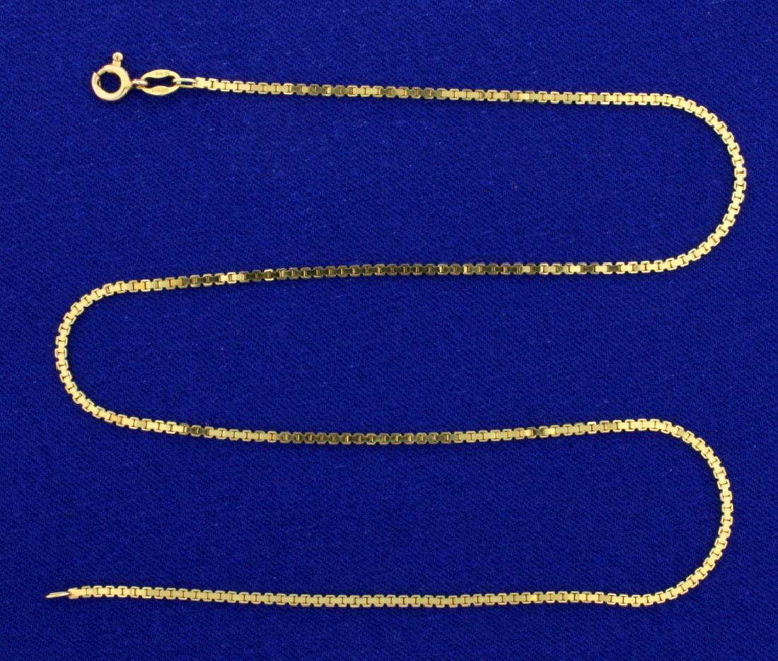 15 Inch Italian Made Flat Box Link Chain in 14k Gold: In 14k yellow gold. 1.5mm thick. 3.3g.