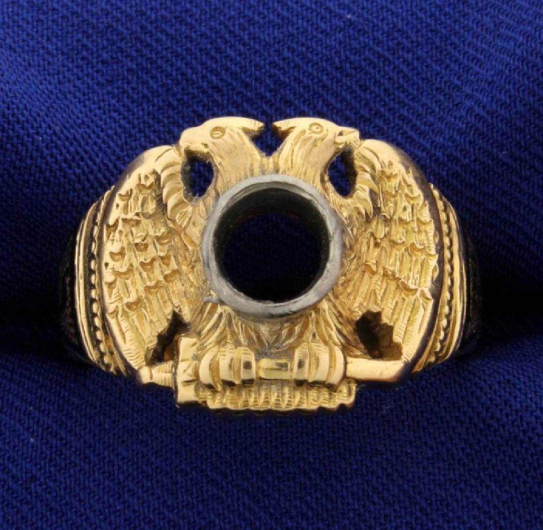 32 Degree Masonic Ring: In 14k yellow gold. Perfect ring to put in your own diamond or gemstone. Or we can put our own diamond in at your request (contact us for pricing). Size 10 1/4. 14.8g.