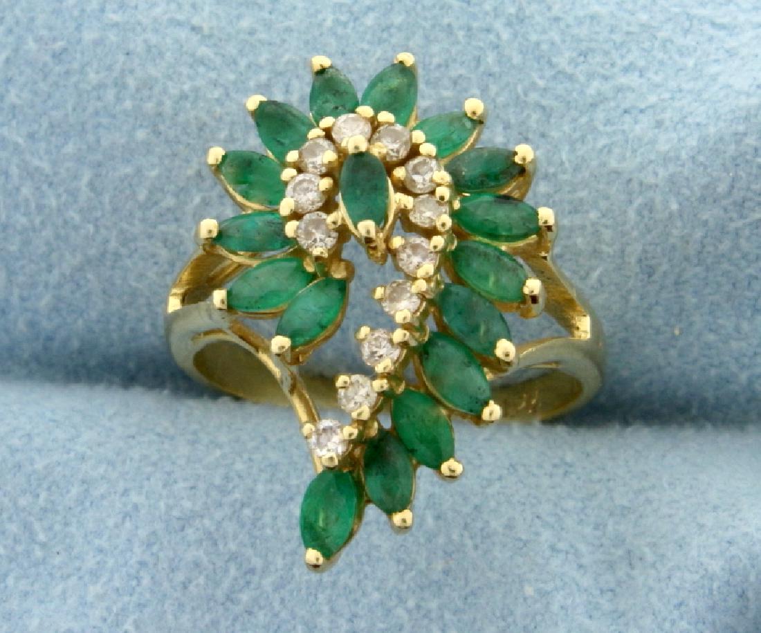 2 Ct TW Emerald and Diamond Cocktail Ring in 14k Gold: In 14k yellow gold. Contains seventeen natural marquise cut 4 x 2mm emeralds with beautiful deep green color. Also contains twelve .02 ct high quality diamonds, SI clarity/I color. Size 6.