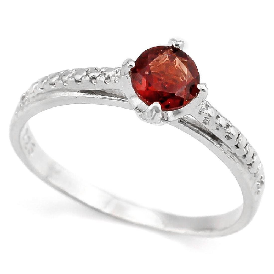 Garnet Cathedral Pave-Inspired Ring with Diamond in: Genuine 5mm Garnet gemstone with 0.01ctw genuine Diamond accent ring. Set in platinum over sterling silver. Size 8. 1.9g