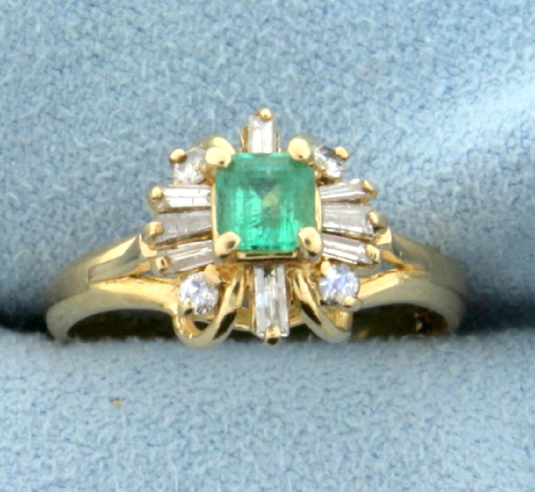 Natural Emerald and Diamond Ring in 14K Yellow Gold: In 14K Yellow Gold. Contains a 4x4 high natural Emerald gemstone with bright emerald green color. Also contains four round and eight baguette high quality Diamonds totaling 1/4ct - G color/I clarity. 