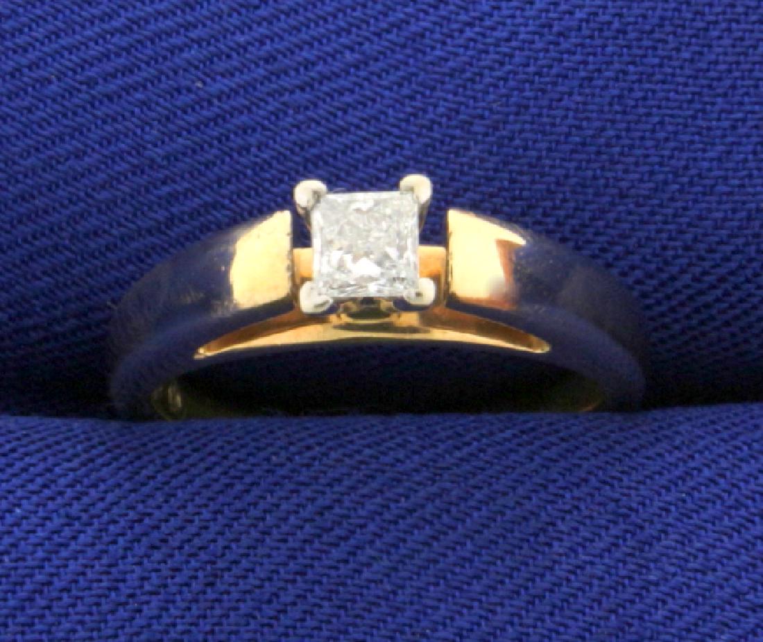 Princess Cut Diamond Solitaire Engagement Ring: In 14k yellow and white gold. The high quality princess cut diamond is 0.25 carats (1/4 carat) with SI clarity and G color. High "shoulder" ring is a great style. Size 5. 4.6g