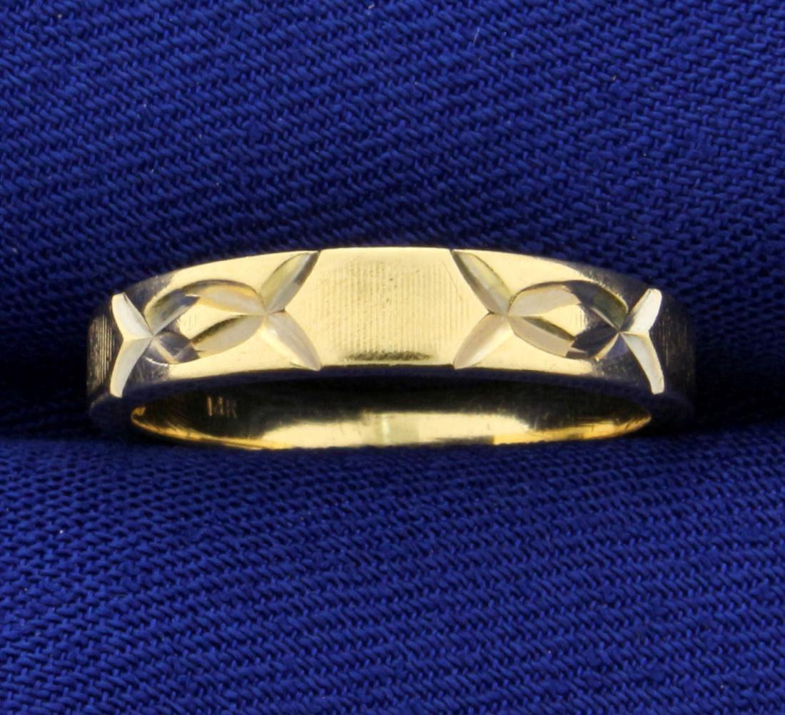 Unique Design Gold Wedding Band Ring in 14K Yellow and: In 14K Yellow and White Gold. 3.8mm wide. Size 5 1/2. 2.7g