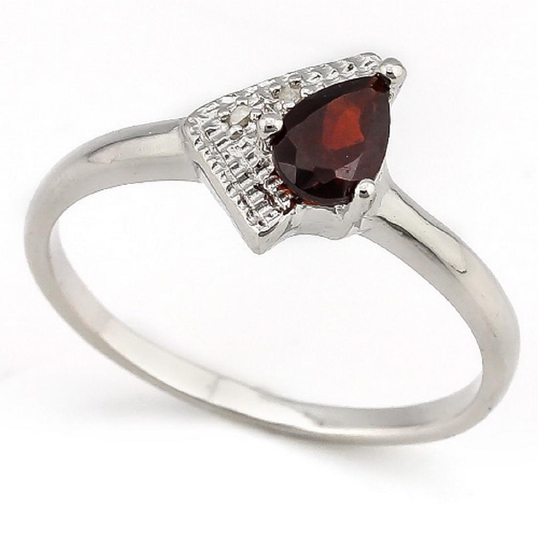 Modern Garnet Ring with Diamond in Sterling Silver: Pear cut, genuine 6x4mm, 0.45CT Garnet gemstone ring with 0.01ctw genuine Diamond accent set in Platinum over Sterling Silver. Size 8. 1.7g