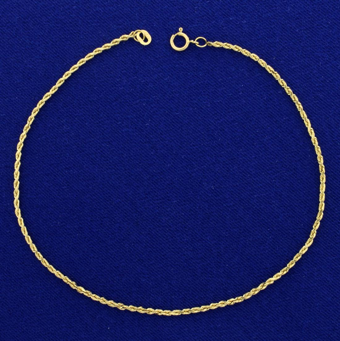 9 Inch Rope Style Anklet in 14K Yellow Gold: In 14K Yellow Gold. 9 inches long and 1.6mm wide. 2.0g