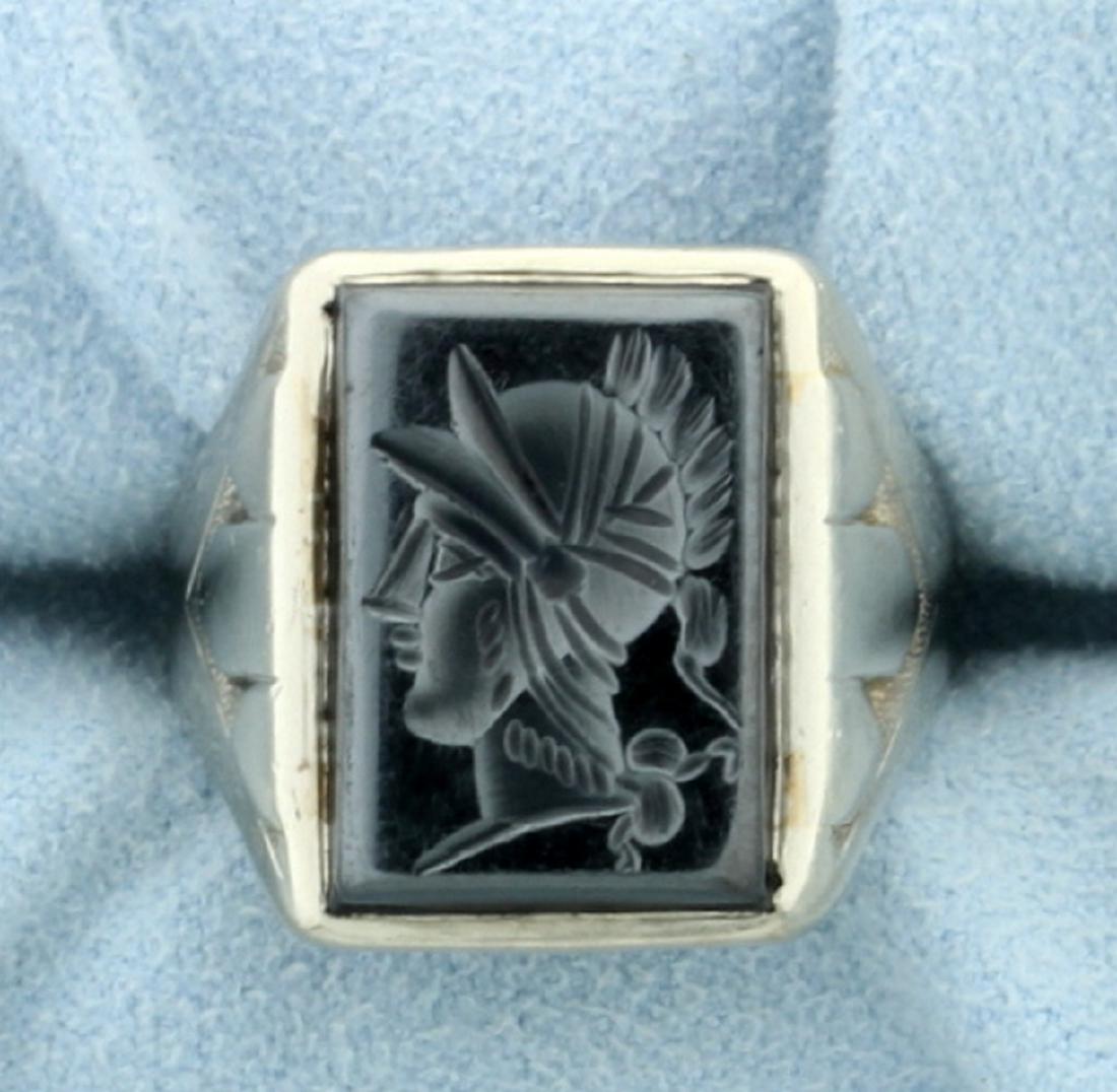 Antique Hematite Gladiator Head Signet Ring in 14k: In 14K white gold, there is an inscription on inside of shank-"Corinne To Carl 2-22-32". The stone is 17x12mm. And the ring is a size 11. 11.9g