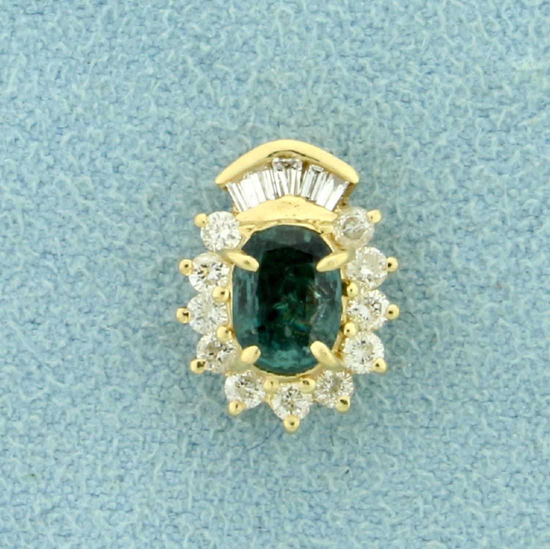 Natural Alexandrite and Diamond Pendant in 14K Yellow: In 14K Yellow Gold. Contains a natural 7x5mm oval Alexandrite gemstone that changes color from green to purple depending on light source. Also contains eleven high quality .03ct round and five .01ct b