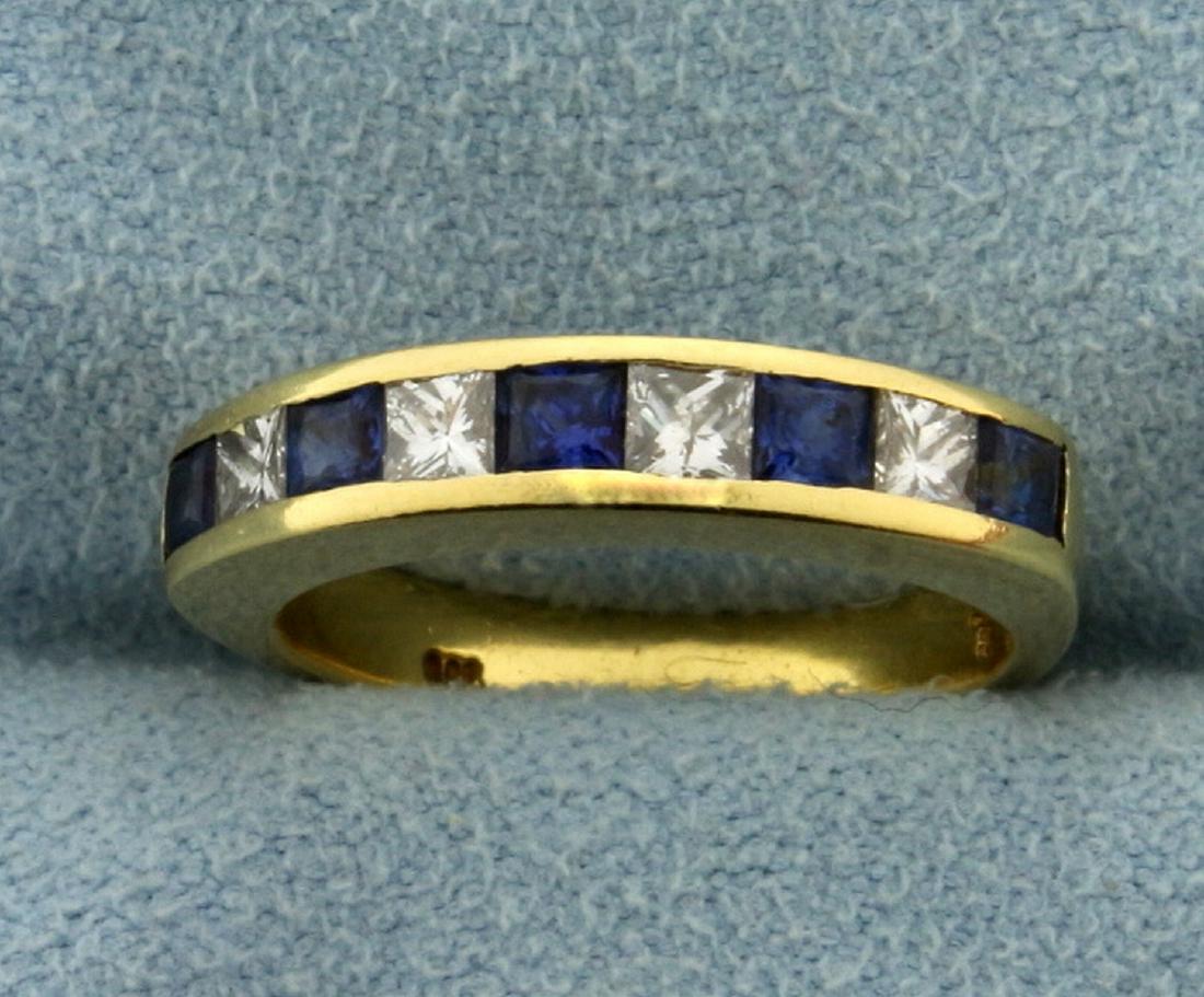 Sapphire and Diamond Stackable Band Ring: In 18k yellow gold. Contains five 2mm square cut high quality natural sapphires with bright blue color and excellent clarity. Also contains four 2mm high quality square cut diamonds, H color, SI clari
