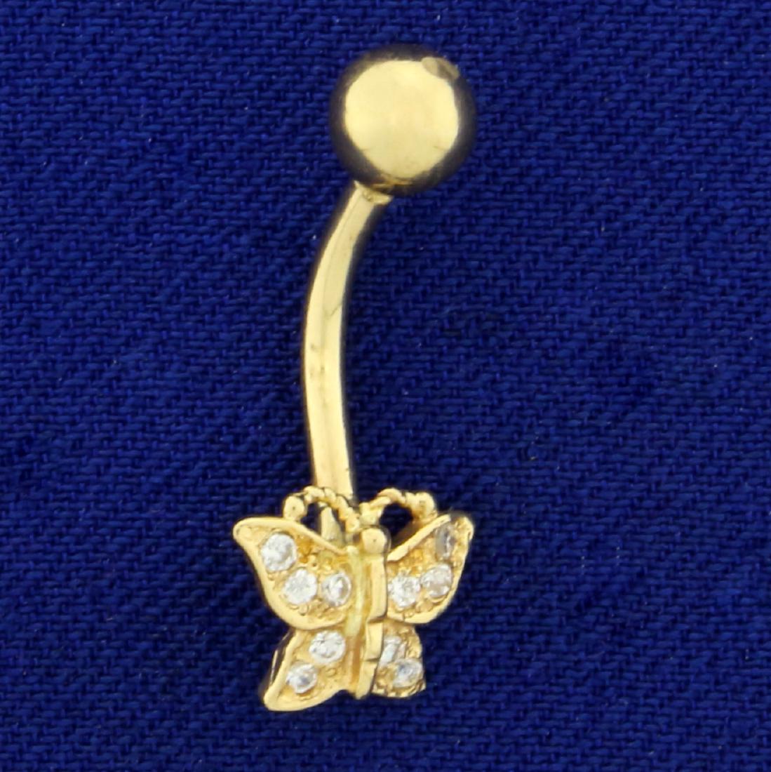 Diamond Butterfly Belly-Button Ring in 14K Yellow Gold: In 14K Yellow Gold. Contains ten high quality 1/2pt Diamonds with lots of sparkle. 3/4" long. 1.0g