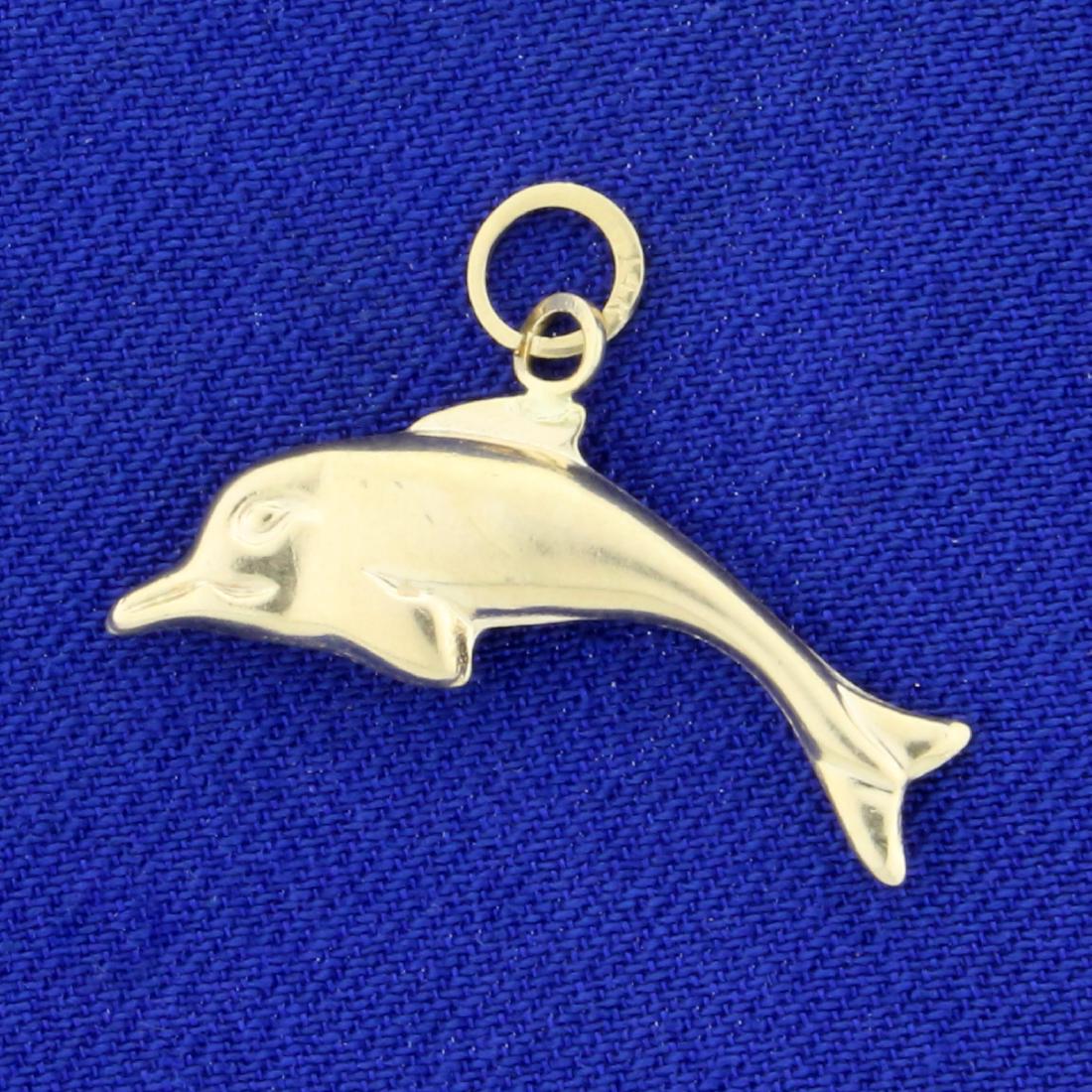 Dolphin Charm or Pendant in 14K Yellow Gold: In 14K Yellow Gold. 1 inch long. 0.8g
