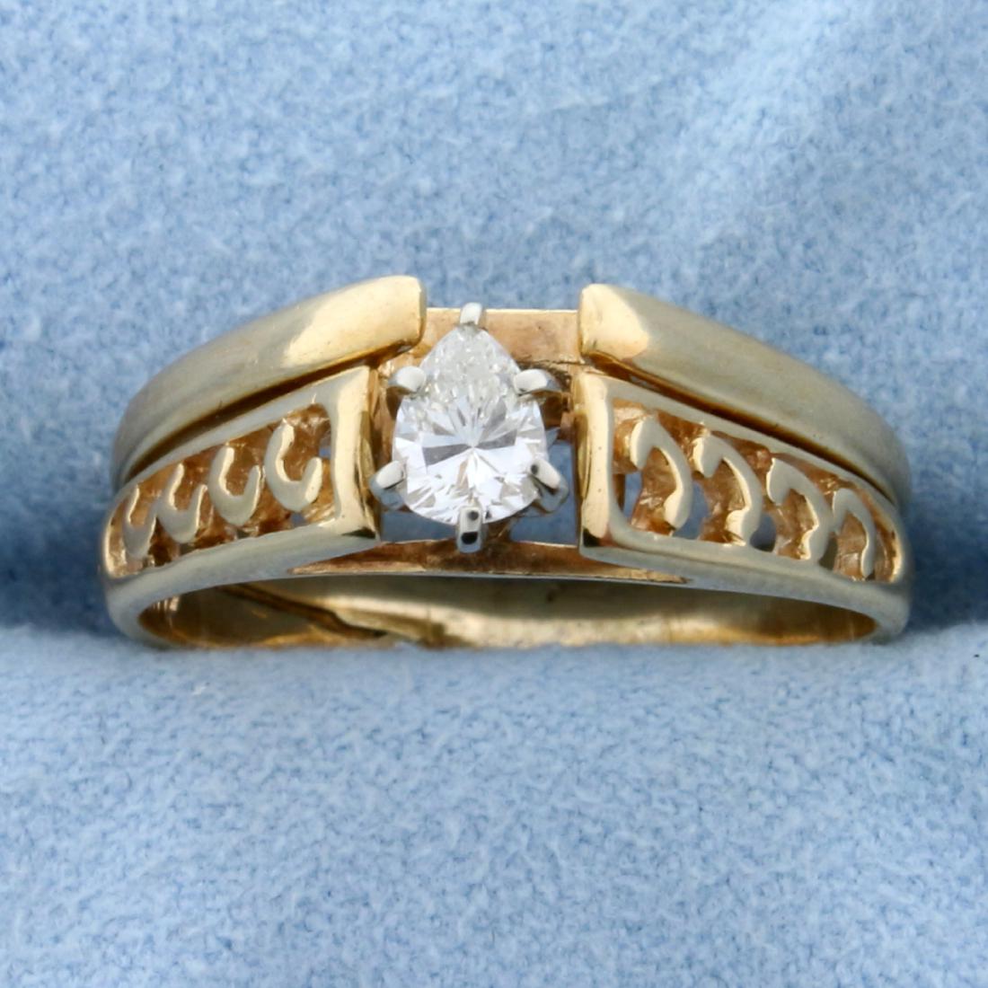 Unique 1/4 ct Solitaire Pear Diamond Engagement Ring: In 14k yellow gold. Contains a high quality 1/4 carat pear shaped diamond, SI1 clarity and H color. The engagement and wedding bands are currently soldered together, but can be separated. Size 7.5. 3.