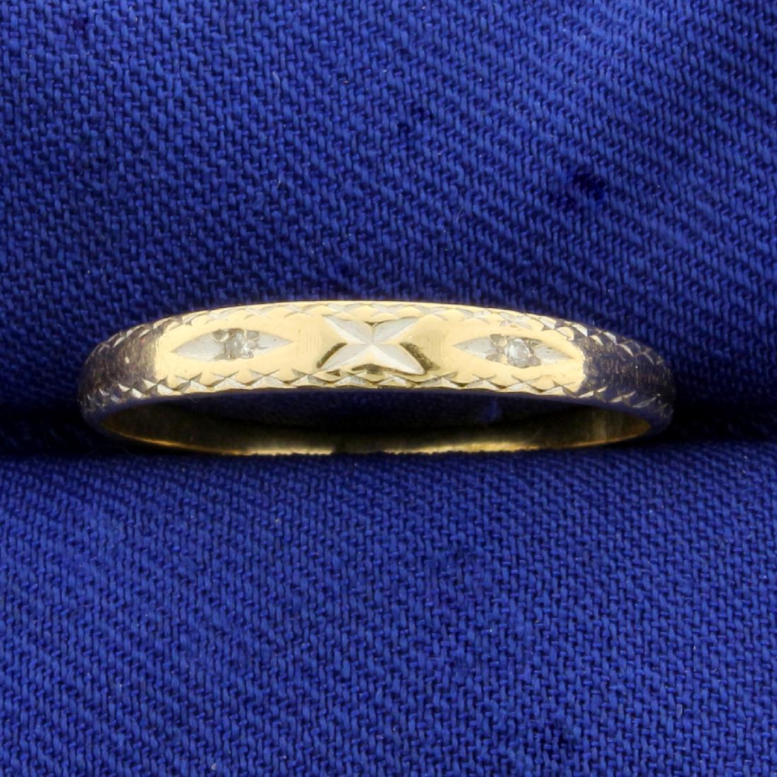 Etched Diamond Wedding Band Ring in 14K Yellow and: In 14K Yellow and White Gold. Contains two high quality round 1/2pt Diamonds. Size 8 1/2. 1.3g