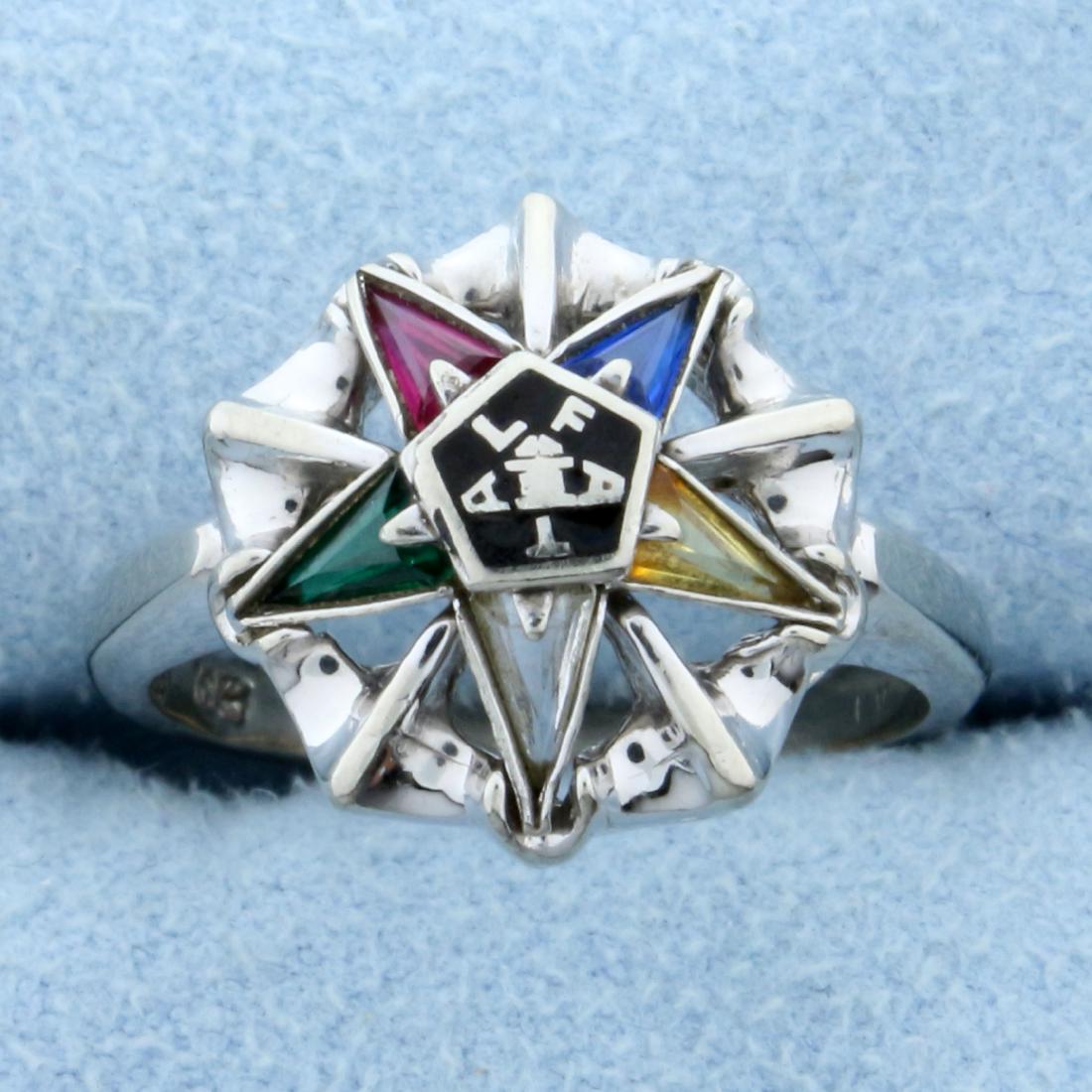 Masonic Eastern Star FATAL Enamel Ring in 10K White: In 10K White Gold. Contains 5 high quality 4.5 x 2.5mm triangle cut gemstones- Emerald, Ruby, Sapphire, Citrine, and CZ. Size 6 3/4. 3.9g.
