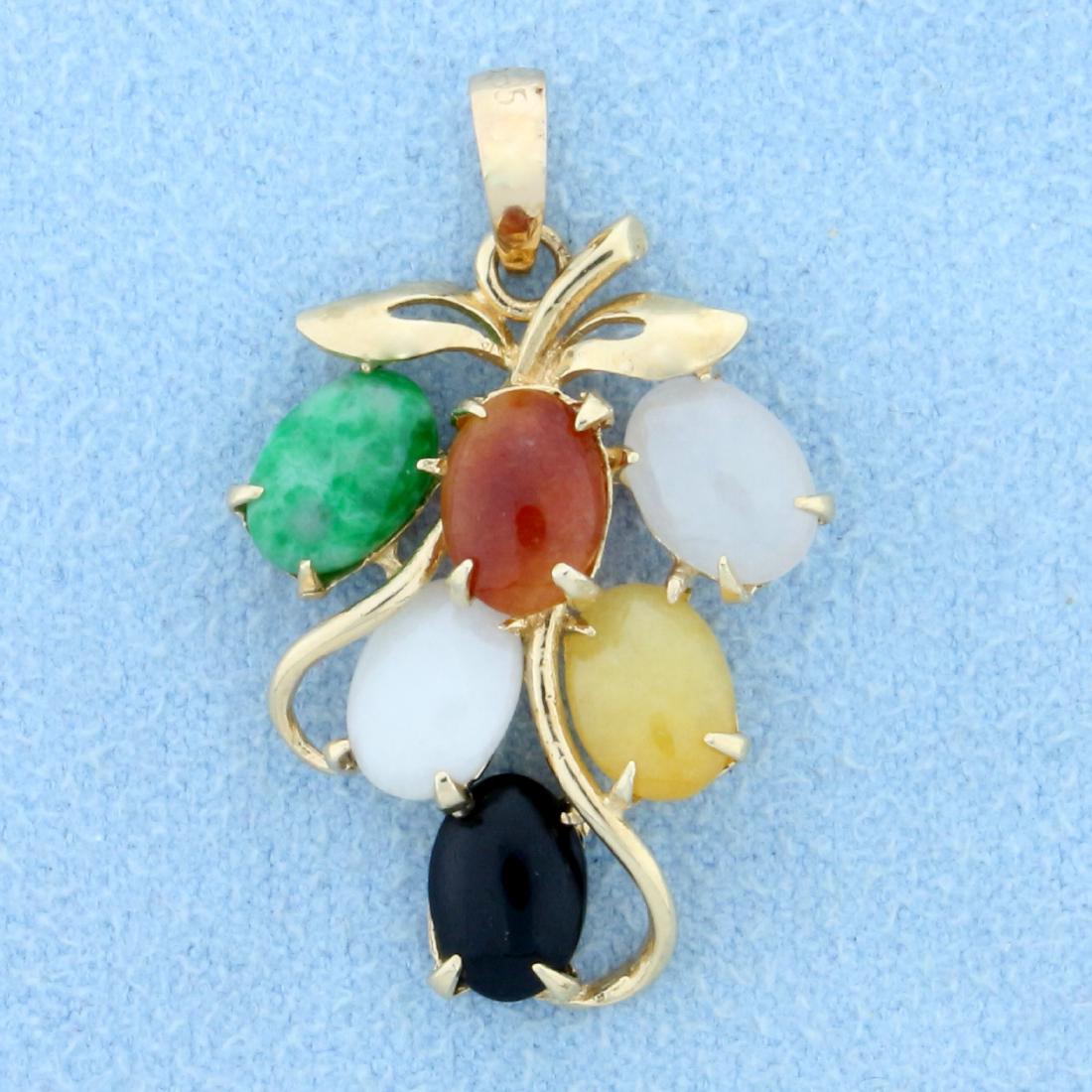 Multi Colored Gemstone Grape Style Pendant in 14K: In 14K Yellow Gold. 1 1/2 inches long with bale. Contains six high quality oval 7mm cabochon gemstones including jade, citrine, onyx, and quartz. 2.3g.