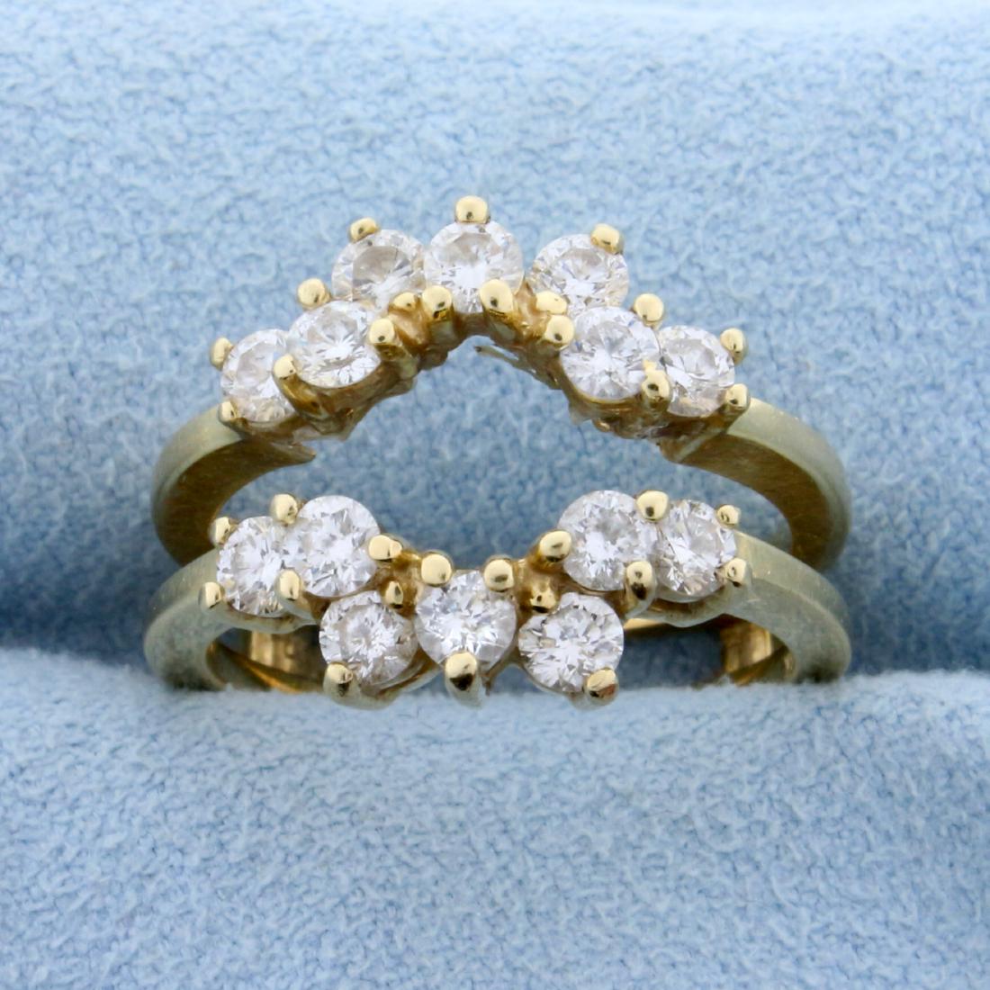 1ct TW Diamond Ring Jacket or Guard in 14k Yellow Gold: In 14k yellow gold. 1ct TW of SI clarity/H color high quality diamonds. Insert solitaire round solitaire ring in center to give the ring a stylish "halo" look. Size 6 1/4. 5.5g.