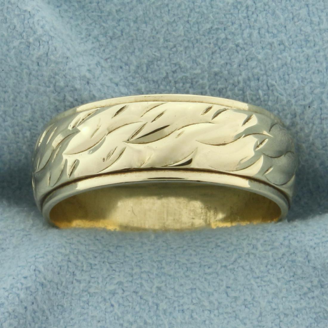 Unique Pattern Woman's Wedding Band Ring in 14k Yellow: 14K yellow gold, it is 6.3mm wide. Size 6 4.6g