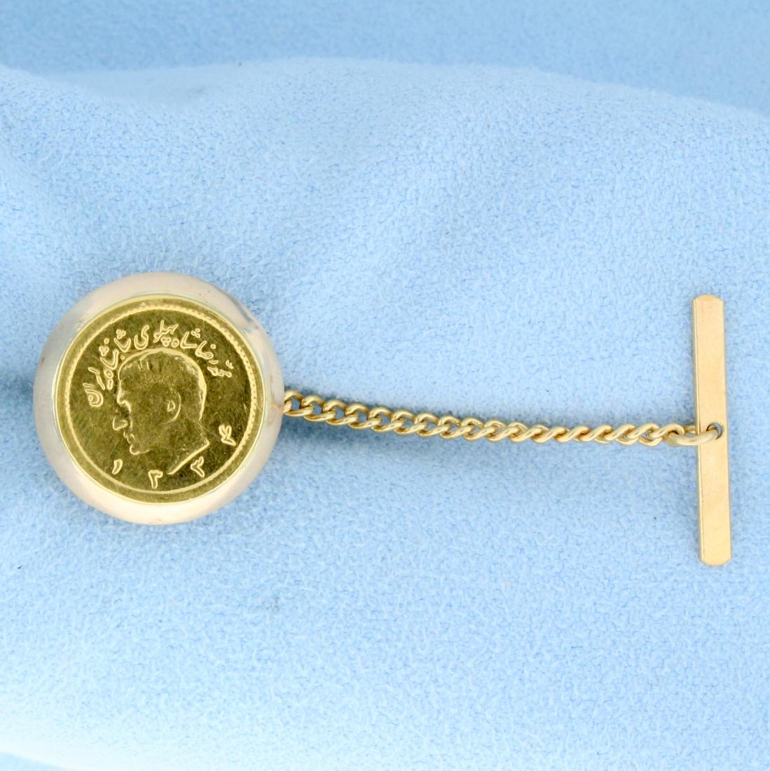 Persian 1/4 Pahlavi Gold Coin Tie Tack in 14K Yellow: In 14K Yellow Gold Bezel. Contains a 1/4 Muhammad Reza Pahlavi Shah Gold Coin from Persia that is 90% pure gold. 5.1g.