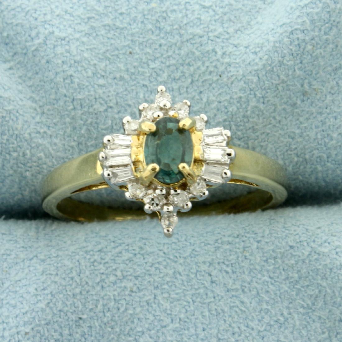 Lab Alexandrite Ring with Round and Baguette Diamonds: In 10K Yellow Gold. Contains a Lab 5x3mm color changing Alexandrite gemstone that changes from green to red depending on light source. Also contains ten high quality .01ct round Diamonds and six high