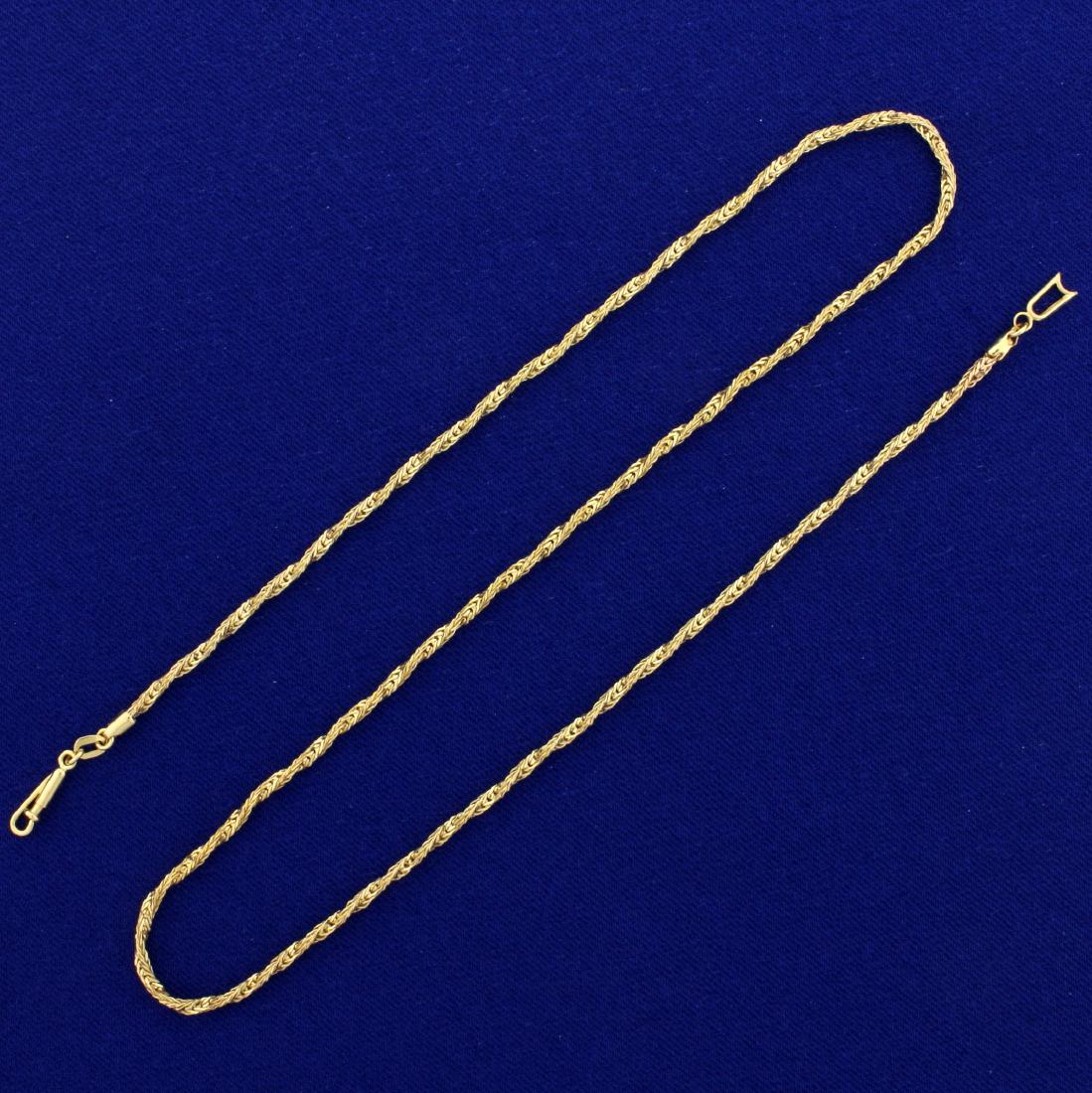 17 Inch Diamond Cut Twisting Rope Style Neck Chain in: In 14K Yellow Gold. 1.8mm wide. 17 inches long, with spring clasp. Diamond cut for extra sparkle. 4.8g