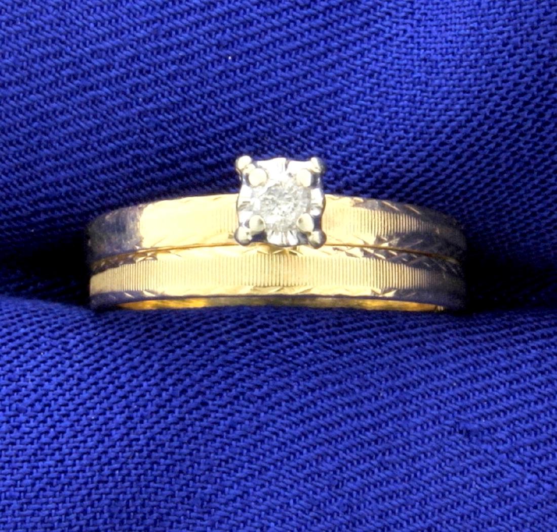 Diamond Engagement Ring and Wedding Band Set in 14k: In 14K yellow gold. Contains a high quality .08ct diamond, H color/I1 clarity. Wedding Band and Engagement Ring are soldered together. Size 6 2.6g