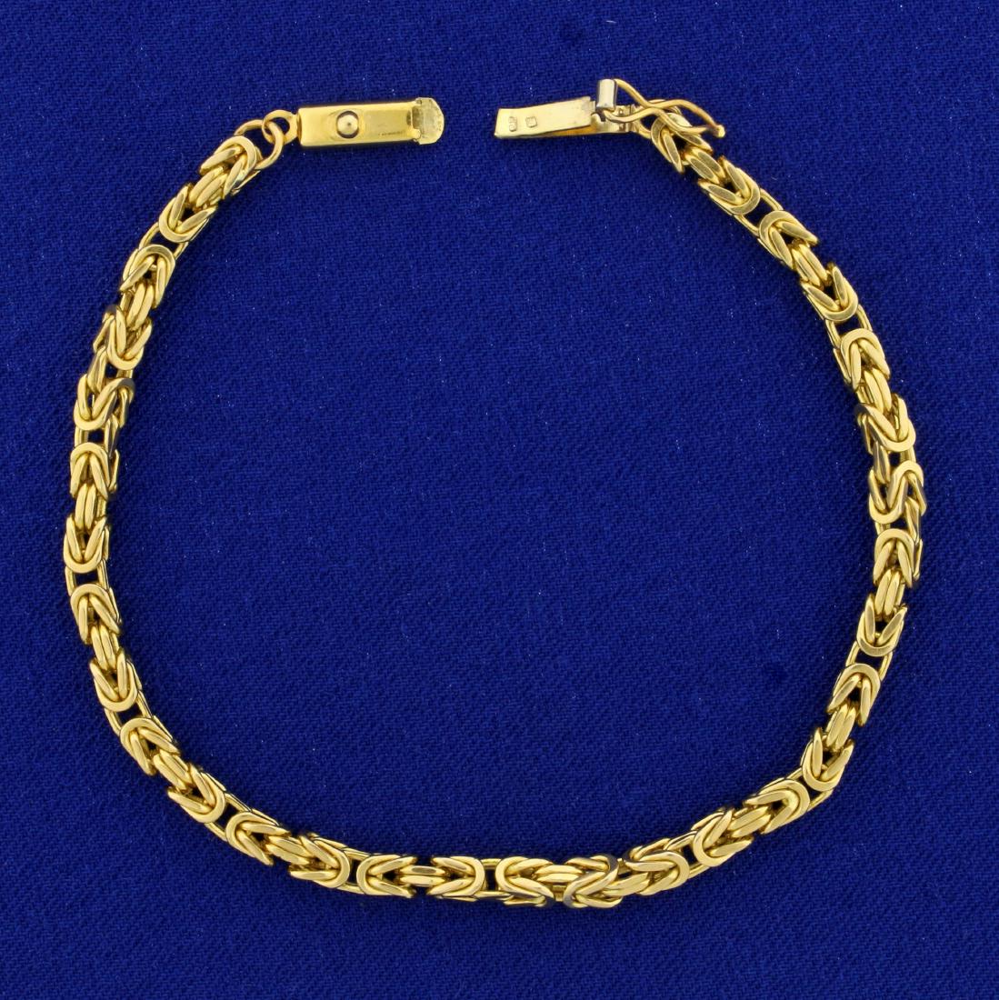 8 Inch Byzantine Link Bracelet in 14K Yellow Gold: In 14K Yellow Gold. 8 inches long and 3.3mm wide, with safety clasp. 12.9g