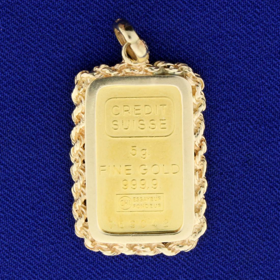 5 Gram Credit Suisse Gold Bar Pendant in 14K Yellow: In 14K Yellow Gold. Contains a 5g .9999 Fine Gold Credit Suisse Gold Bar. 1 1/2 inches long with bale. 8.9g.