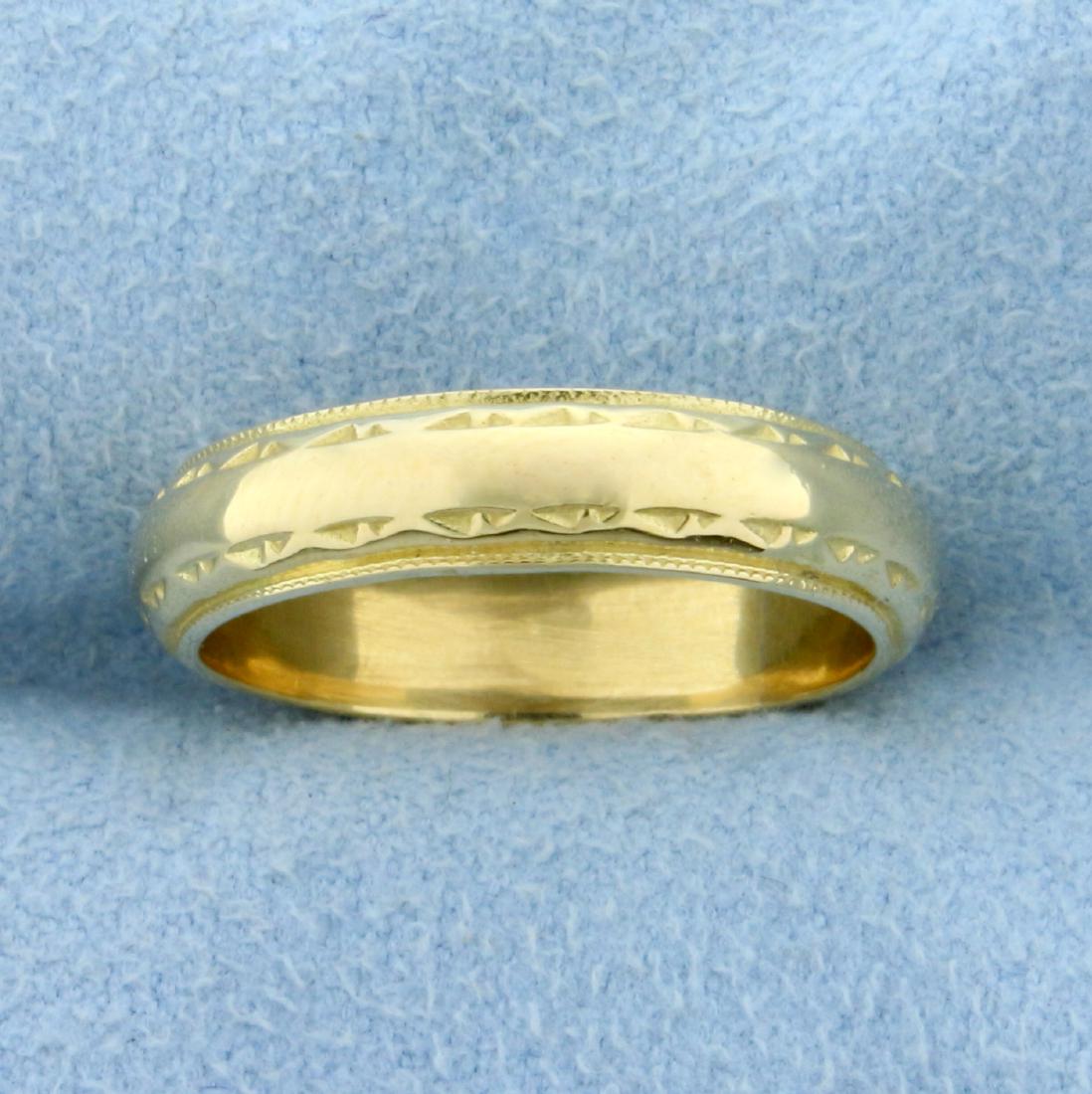 Antique 4.5mm wide Milgrain Band Ring in 18K Yellow: In 18K Yellow Gold. 4.5mm wide. Half dome style with milgrain edges and hand notched detail from late 1800s. Size 6. 5.3g.